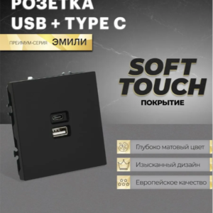 Розетка двойная USB + Type C Эмили (черный уголь) / Stekker RST10-5115-05