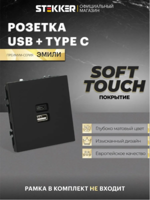 Розетка двойная USB + Type C Эмили (черный уголь) / Stekker RST10-5115-05