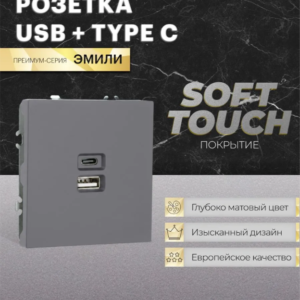 Розетка двойная USB + Type C Эмили (платиново-серый) / Stekker RST10-5115-10