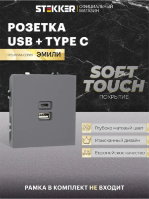 Розетка двойная USB + Type C Эмили (платиново-серый) / Stekker RST10-5115-10