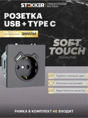 Розетка с заземлением и защитными шторками +USB + Type C Эмили (платиново-серый) / Stekker RST16-5119-10