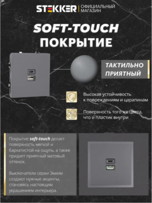 Розетка двойная USB + Type C Эмили (платиново-серый) / Stekker RST10-5115-10