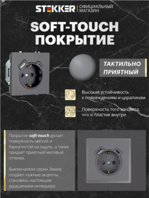 Розетка с заземлением и защитными шторками +USB + Type C Эмили (платиново-серый) / Stekker RST16-5119-10