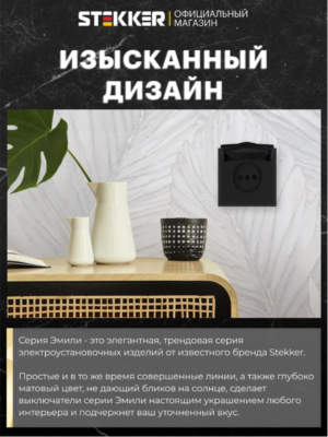 Розетка без заземления с крышкой и защитными шторками Эмили (черный уголь) / Stekker RST16-5113-05