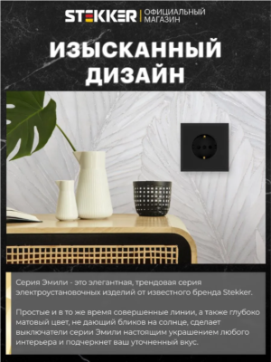 РОЗЕТКА С ЗАЗЕМЛЕНИЕМ И ЗАЩИТНЫМИ ШТОРКАМИ ЭМИЛИ (черный уголь) / Stekker RST16-5110-05