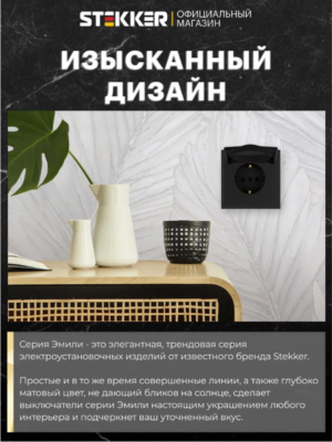 Розетка с заземлением крышкой и защитными шторками Эмили (черный уголь) / Stekker RST16-5112-05