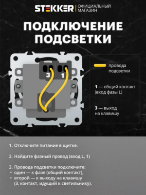Выключатель одноклавишный с подсветкой Эмили (черный уголь) / Stekker RSW10-5101-05