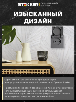 Розетка без заземления с крышкой и защитными шторками Эмили (платиново-серый) / Stekker RST16-5113-10