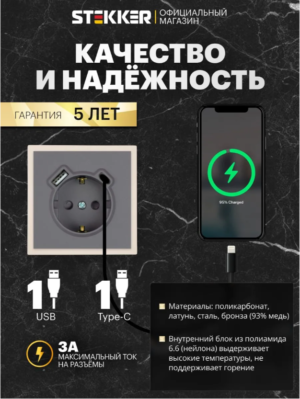 Розетка с заземлением и защитными шторками +USB + Type C Эмили (платиново-серый) / Stekker RST16-5119-10