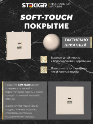 Розетка двойная USB + Type C Эмили (кашемир) / Stekker RST10-5115-08